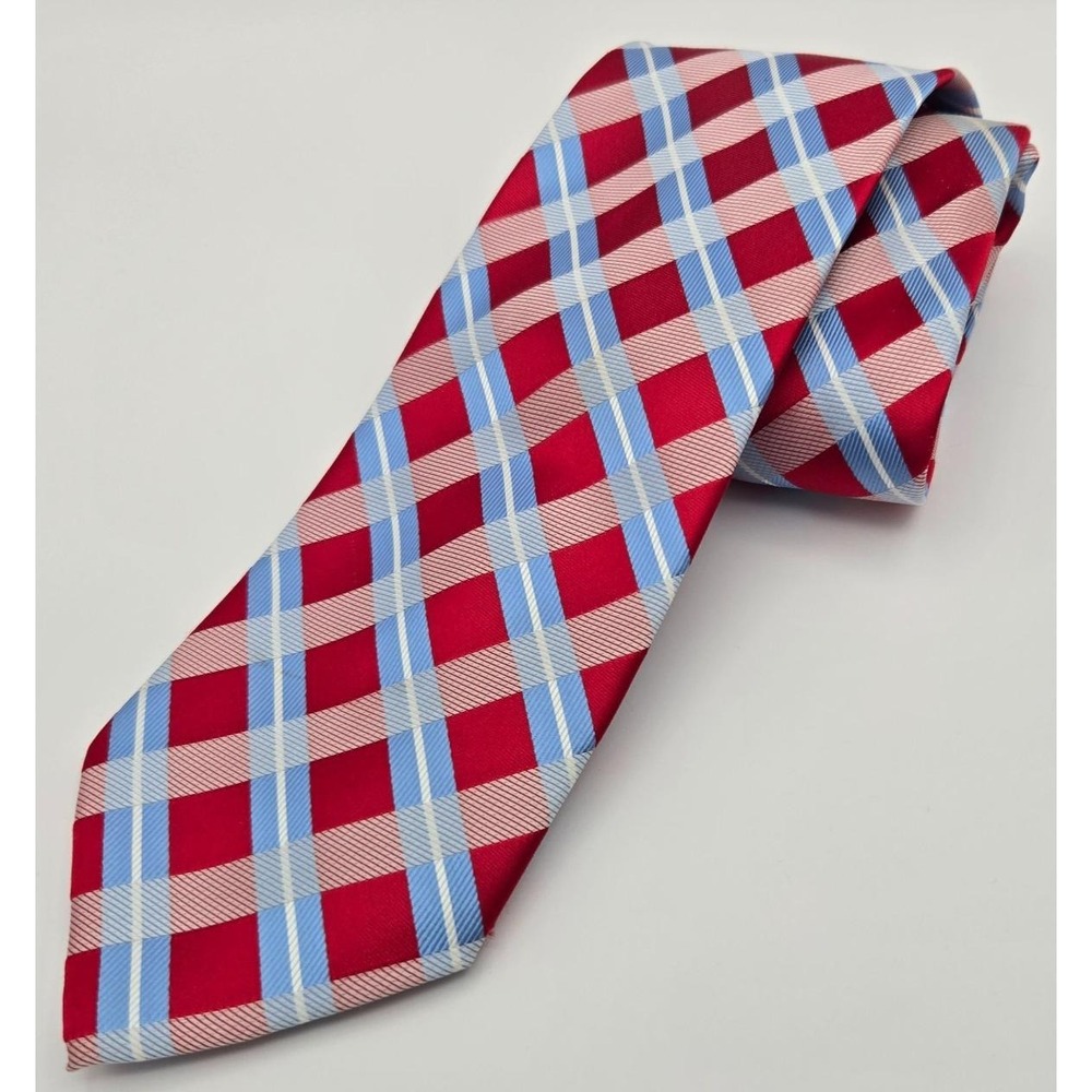 Giorgio Brutini Necktie Men Red Blue White Plaid Check Polyester Hand Made